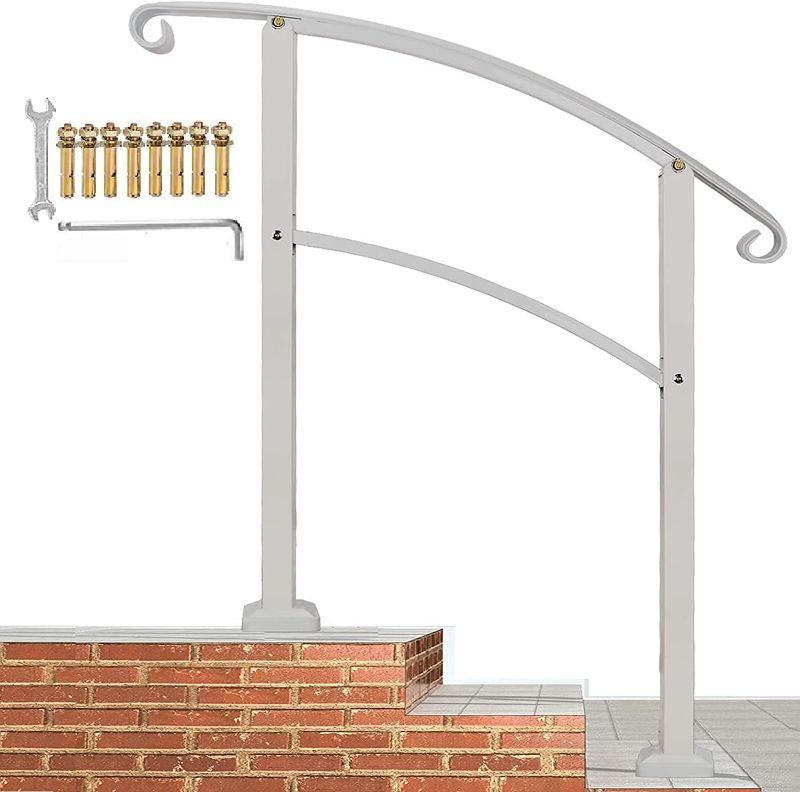 Photo 1 of Transitional Handrails for Outdoor Steps- Wrought Iron, Secure, Weather and Rust Proof Hand Railing for Porches with Installation Kit, Non-Slip Banister Indoor, Outdoors Use (3 Feet, White)
