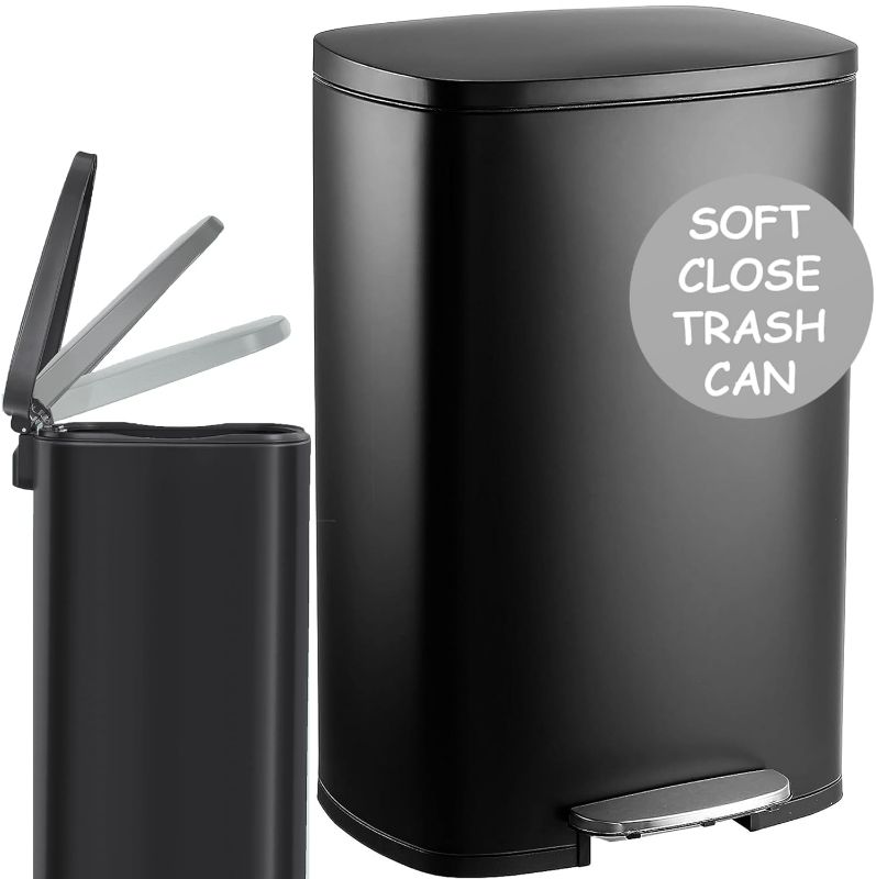Photo 1 of 13 Gallon Kitchen Trash Can Soft Close with Anti - Bag Slip Liner and Lid, Use as Garbage Basket, Tall Dust Bin, or Decor in Bathroom, Restroom, Kitchen, or Bedroom (13 Gallon, Matte Black)

