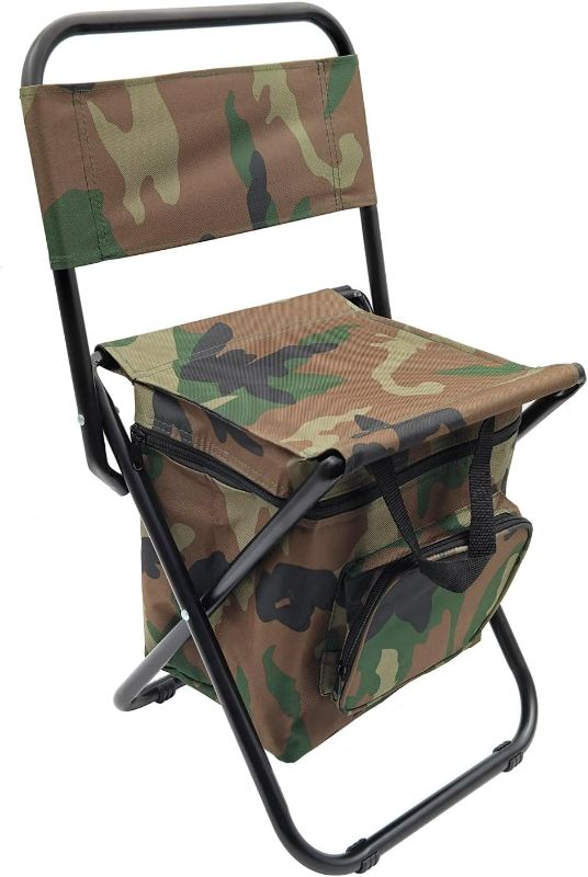 Photo 1 of Foldable Camping Chair with Cooler Bag,Lightweight Fishing Chair,Compact Folding Stool Seat with Backrest Stool and Handle for Camping,Fishing,Hunting,Hiking,Outdoor Sketching-Camouflage
