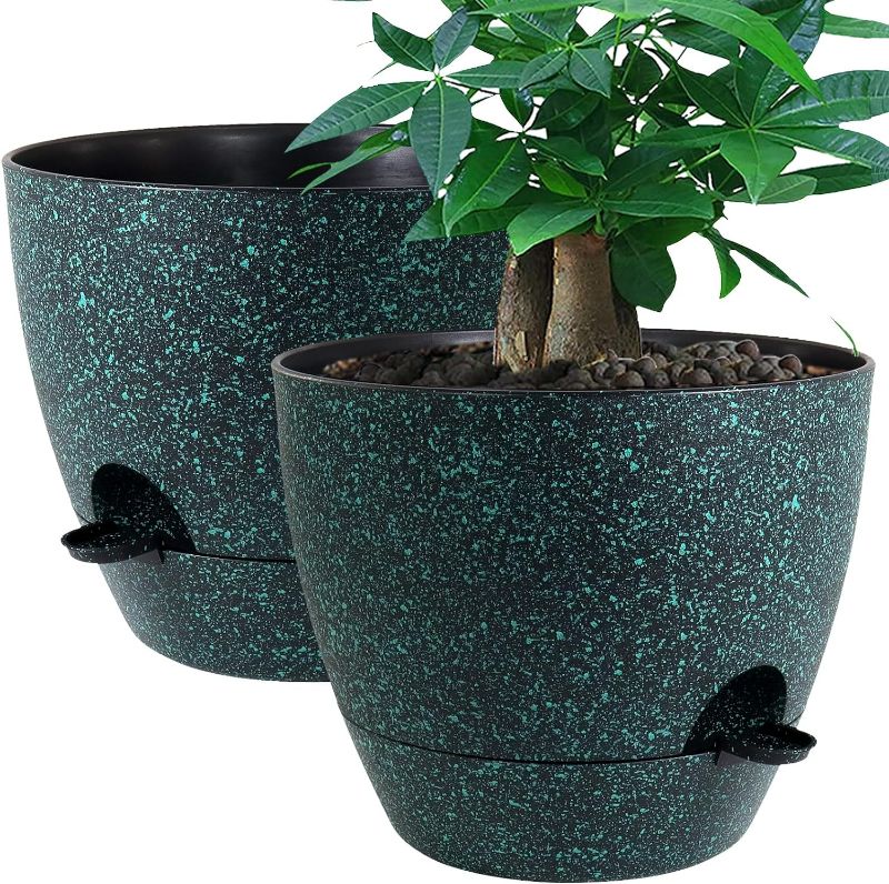 Photo 1 of 12inch 2Pack Large Self Watering Planters, Plastic Plant Pots with 60oZ Removable Deep Reservoir and Multi Mesh Drainage Holes for Indoor Outdoor Garden Plants and Flowers, Black with Green Speckles
