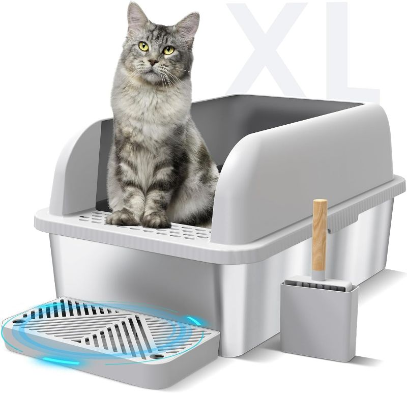 Photo 1 of Enclosed Stainless Steel Cat Litter Box with Lid Extra Large Litter Box for Big Cats XL Metal Litter Pan Tray with High Wall Sides Enclosure, Non-Sticky, Anti-Leakage, Easy Cleaning
