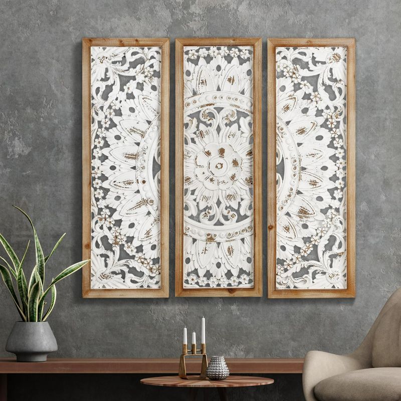 Photo 1 of Carved Wood Wall Art Decor, 23.6 inch Hand Carving on Wood, Antique Distressed White Wood Panels Wall Art Decorative Sculpture Hanging Wall Décor, Elegant Wood Wall Art Plaque (3 Panels)
