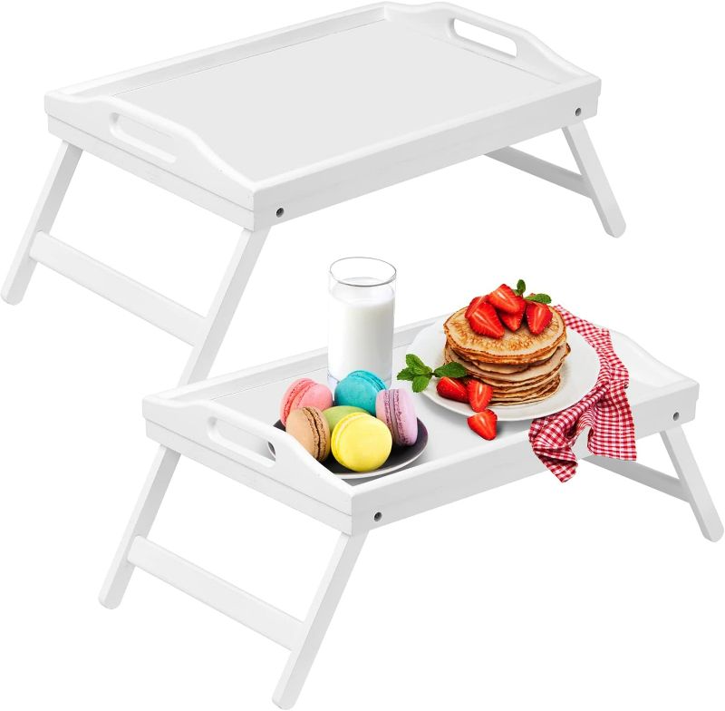 Photo 1 of Barydat 8 Pack Breakfast in Bed Tray Folding Table Plastic Lap Trays Folding Legs with Handles Serving Food Trays for Eating on Bed Sofa Laptops Sleepover Slumber Party Kids Adult (White)
