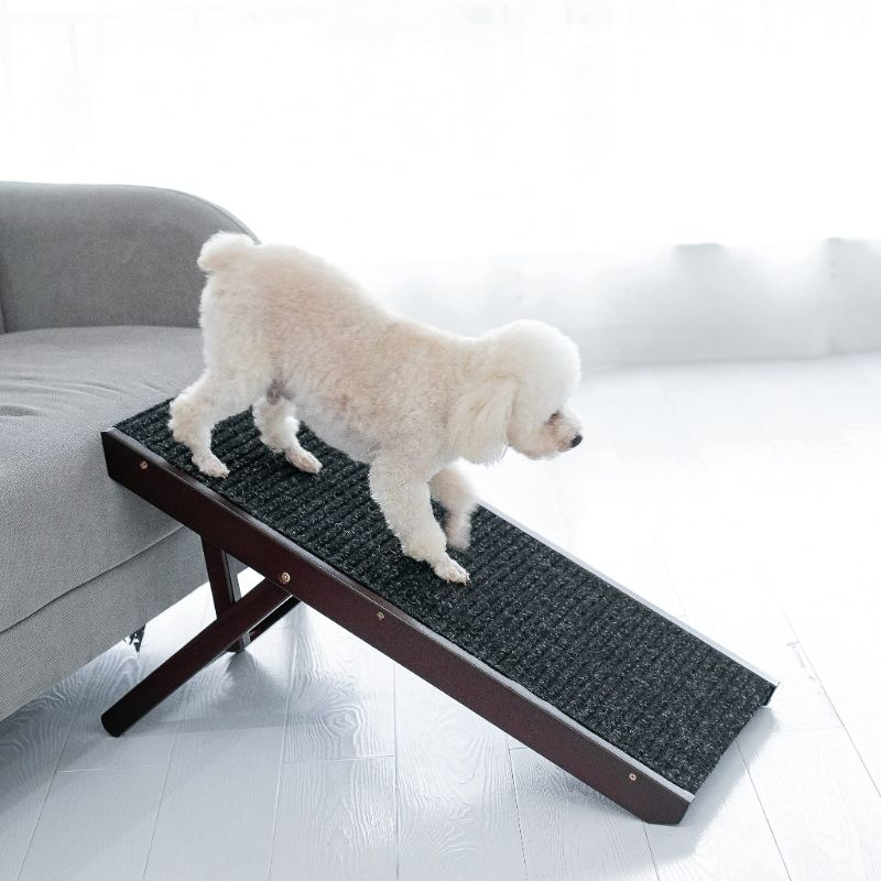 Photo 1 of MEWANG 19" Tall Adjustable Pet Ramp - Wooden Folding Portable Dog & Cat Ramp Perfect for Bed and Car - Non Slip Carpet Surface 4 Levels Height Adjustable Ramp Up to 90 Pounds - Small Dog Use Only
