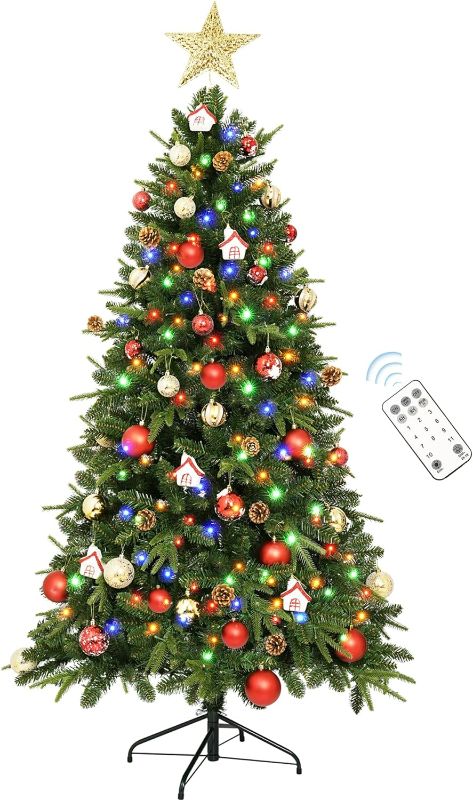 Photo 1 of Prelit Christmas Tree 6 ft, Pre Decorated Christmas Tree with 300 Lights and 67 Ornaments, 11 Light Modes Colored Christmas Tree with Remote Control for Bedroom Living Room Farmhouse Office
