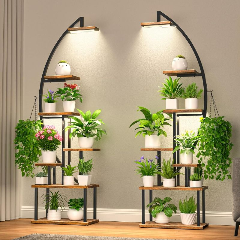 Photo 1 of Tall Plant Stand Indoor with Grow Light, 7 Tiered Metal for Plants Multiple, Large Holder Display Shelf, Half-Moon Shape Rack Living Room, Patio, Balcony
