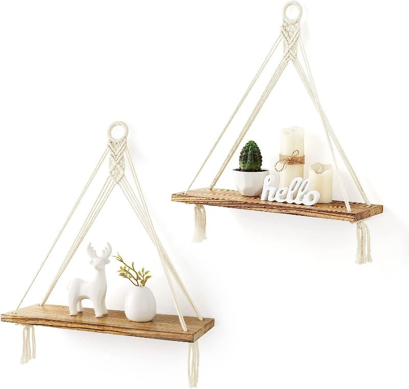 Photo 1 of Mkono Macrame Hanging Shelves Boho Wall Decor Set of 2 Rustic Wood Floating Storage Shelf for Bedroom Bathroom Living Room Nursery Dorm Room, Display Shelving for Hanging Plants Photos
