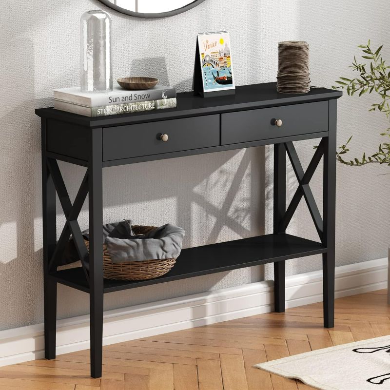 Photo 1 of ChooChoo Console Table with Drawers, Narrow Wood Accent Sofa Table Entryway Table with Storage Shelf for Entryway, Front Hall, Hallway, Living Room, Black
