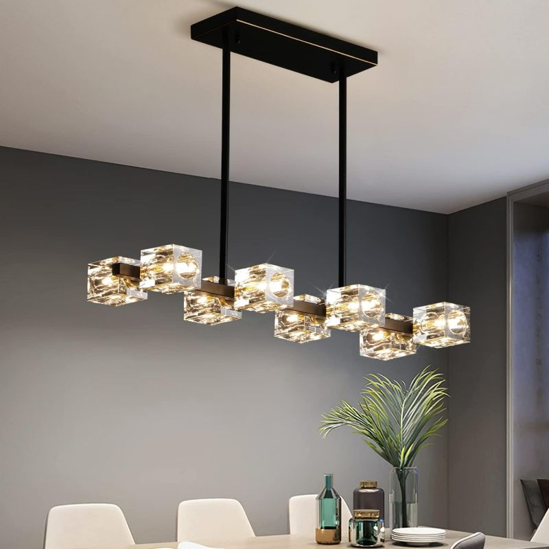 Photo 1 of Black Chandelier,Crystal Pendant Lights Fixture with 8-Lights,Modern Cube lamp Shade Hanging Ceiling Light for Dining Room,Kitchen Island,Bedroom,Living Room
