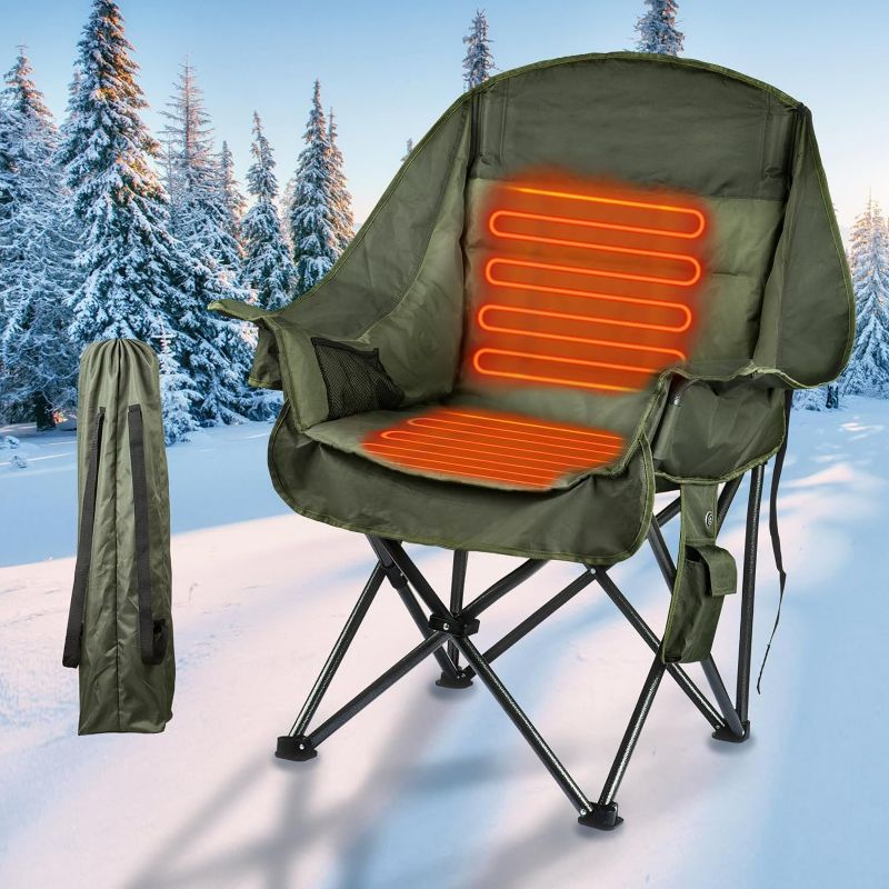 Photo 1 of Oversized Heated Camping Chair, Heats Back and Seat, Oversized XL Folding Chairs with Cup Holder, Rich Pockets, Travel Bag for Camp and Sport Events, Concert, Battery NOT Included
