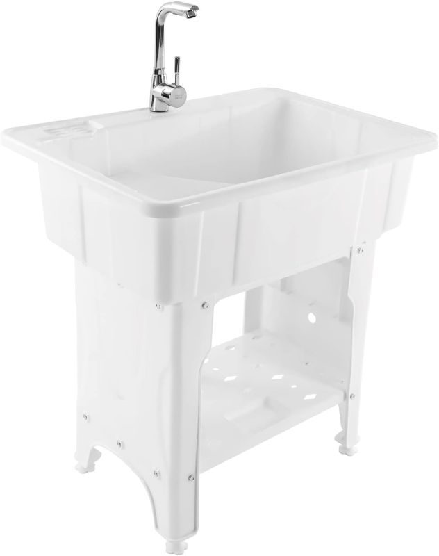 Photo 1 of Freestanding Plastic Laundry Sink with Washboard, W31.5" × D22" × H31.5" Indoor and Outdoor Utility Sink with Cold and Hot Water Faucet, Hoses and Drain Kit for Laundry Room, Garage, Basement, Garden
