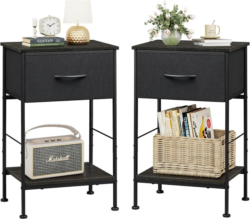 Photo 1 of WLIVE Nightstand Set of 2, End Table with Fabric Storage Drawer and Open Wood Shelf, Bedside Furniture with Steel Frame, Side Table for Bedroom, Dorm, Charcoal Black, 25" Height
