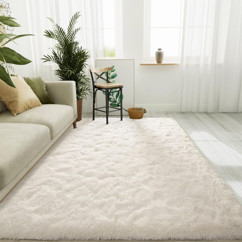 Photo 1 of LOCHAS Fluffy Soft Cream Area Rug for Bedroom 4x6 Feet, Large Shag Bedroom Rugs for Girls Room Kids, Shaggy Thick Living Room Rug Carpet, Not Shed Indoor Furry Carpets for Home Decor
