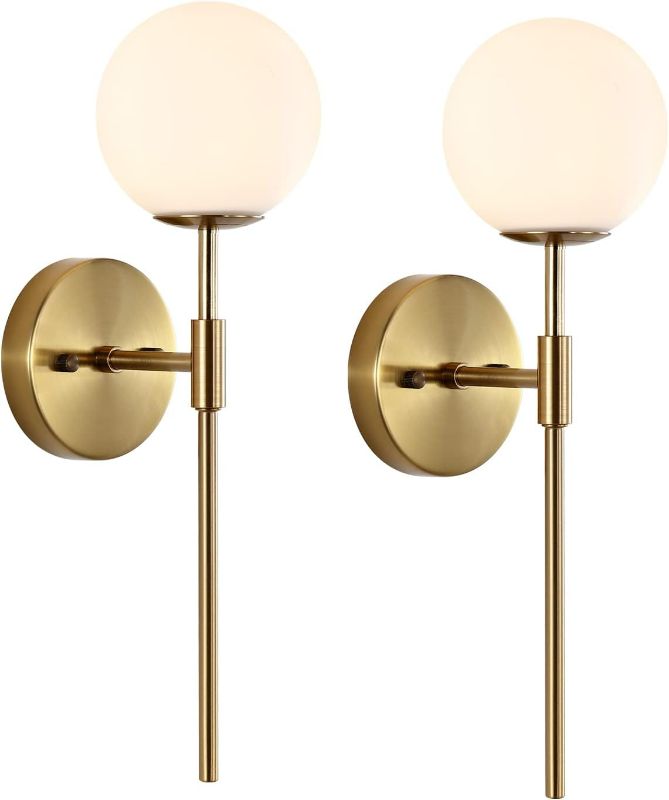 Photo 1 of Gold Wall Sconce Set of 2 with White Globe Glass Shades Modern Mid Century Bathroom Vanity Wall Light Fixtures Industrial Brushed Brass Wall Lamp for Bedroom Mirror Living Room Restaurant
