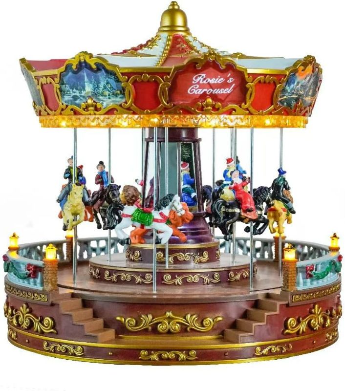Photo 1 of Christmas Carousel Decoration, 14inch Large Size, Carousel Go Round with Music and Lights, Realistic Scene, Add Christmas Atmosphere, Perfect ?red?
