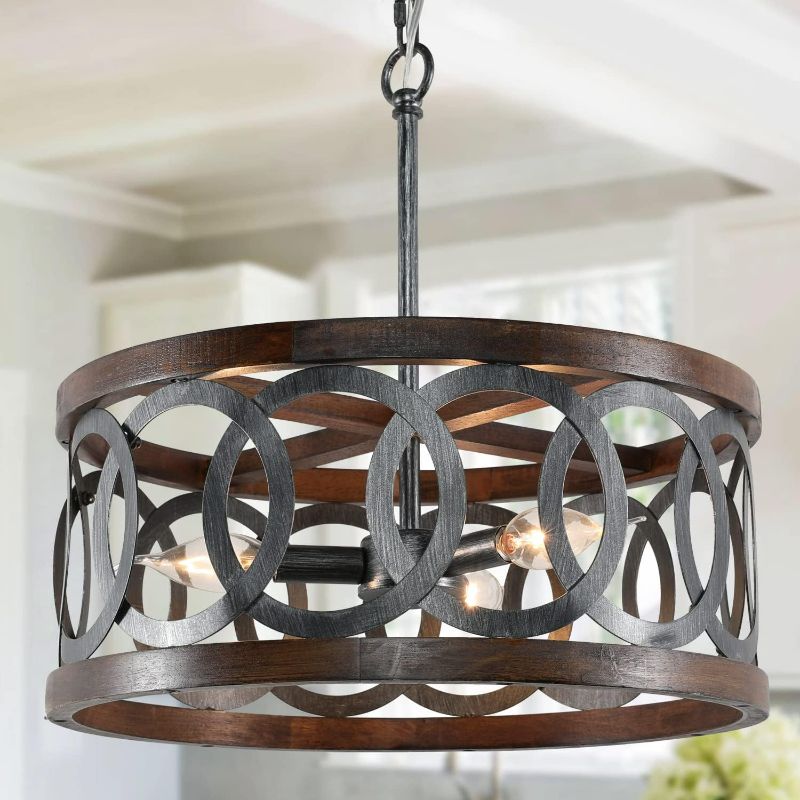 Photo 1 of Drum Chandeliers Dining Room Light Fixtures, Farmhouse Antique Wood + Black Metal Kitchen Lighting, 3-Light Rustic Round Modern Rustic Pendant Light Ceiling Hanging for Foyer Entryway
