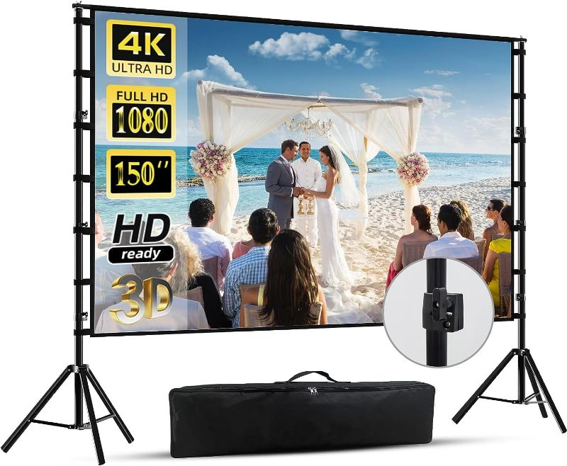 Photo 1 of 150 inch Projector Screen With Stand,HUANYINGBJB Outside Projection Screen, Portable 16:9 4K HD Rear Front Movie Screen with Carry Bag for Theater Backyard Movie night,Cinema School, Churches, Parties
