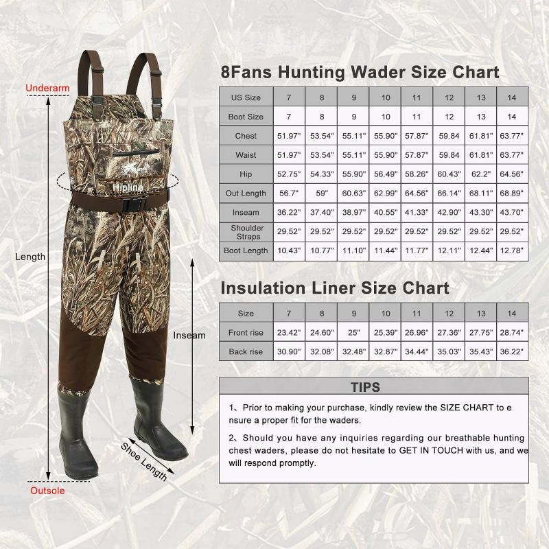 Photo 2 of 8 Fans Breathable Hunting Waders,1000G Insulation Boots with Removable Insulated Liner for Duck Hunting (Realtree Max5, Size 14 