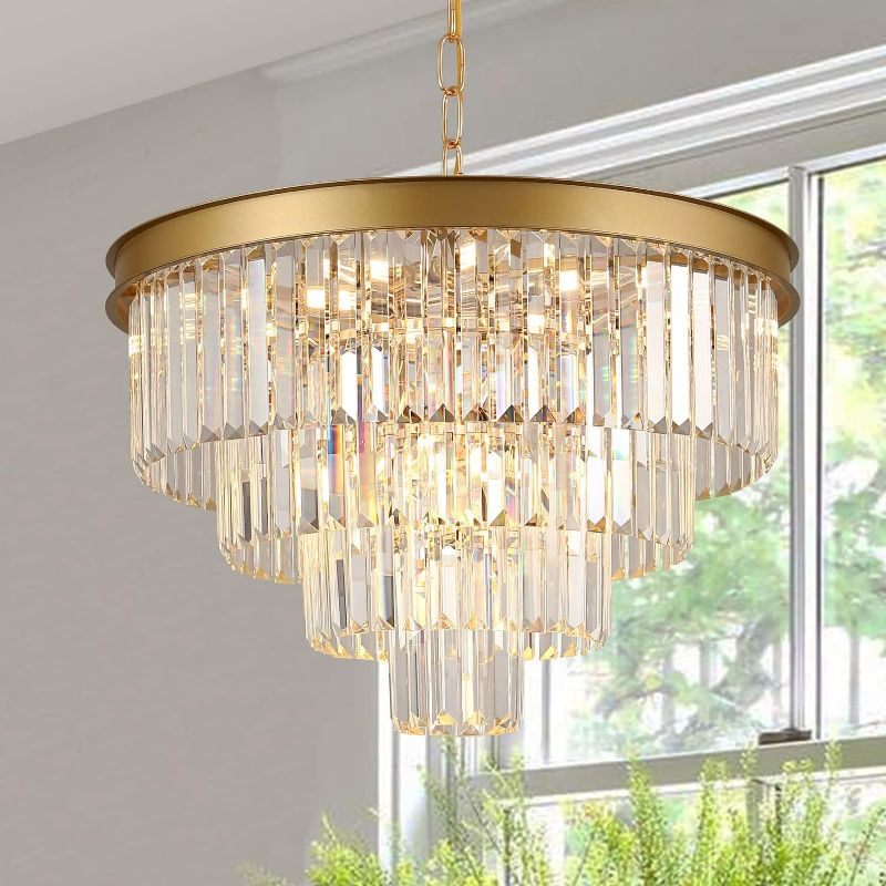 Photo 1 of Modern Crystal Chandelier Gold 24” Round Chandelier for Dining Room 12 Light Ceiling Pendant Light Fixture Raindrop Luxury Gold Flush Mount Chandelier for Entryway Living Room
