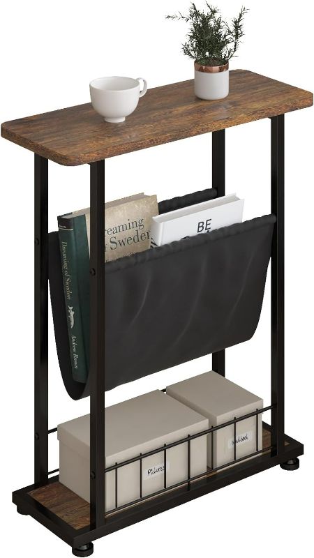 Photo 1 of 3 Tier Side Table with Magazine Holder, Industrial End Table with Open Storage, Wooden Bedside Table, Nightstand for Living Room, Bedroom, Small Spaces, Easy Assembly, Rustic Brown
