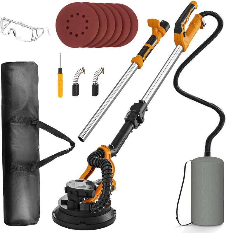 Photo 1 of 880W Electric Dust-free Drywall Sander with Vacuum Dust Collection 6 Variable Speed 1000-2100RPM with 4.8FT/5.6FT Handle Double-Deck LED Light Dust Bag Hose and tools
