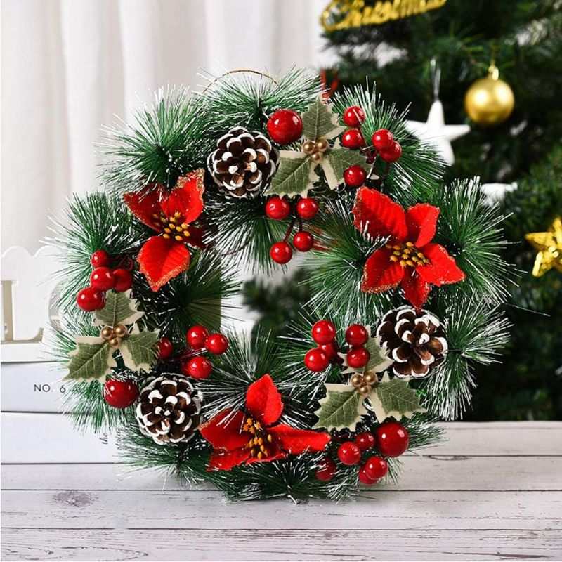 Photo 1 of Christmas Wreaths for Front Door Xmas Art Decorations Thanksgiving Day Indoor Outdoor Home Decorative Wreath Three Red Flowers Pine Cones Fruits Leaves Snowflakes Wreaths Wall Window Door Wreath
