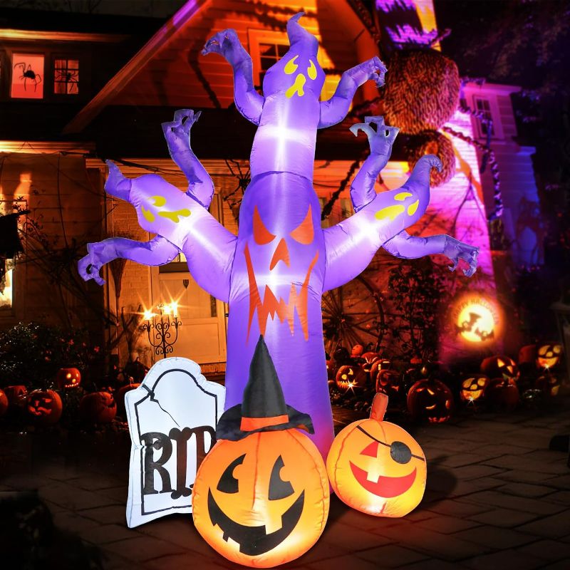 Photo 1 of 9 FT Tall Inflatable Halloween Decorations Outdoor, Spooky Inflatables Tree with Pumpkins Tombstone Blow up Halloween Outdoor Decorations with Built-in LED Lights for Holiday Party Lawn Yard

