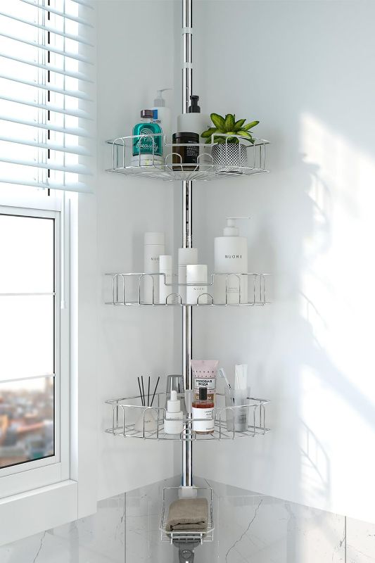 Photo 1 of Shower Caddy Corner Tension Pole,Stainless Steel Adjustable Floor to Ceiling Corner Shower Caddy Stand for Bath Inside Shower Organizer Storage with Tension Pole,Rust-Resistant, 54 to 125 Inch
