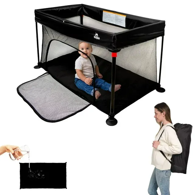 Photo 1 of Sleepah Foldable Travel Crib – Lightweight Portable Play Pen + Backpack, Play-Yard with Waterproof Mattress – Easy to Pack Fits in a Suitcase, Sets up in 30 Seconds Safe for Infants & Toddlers (Black)