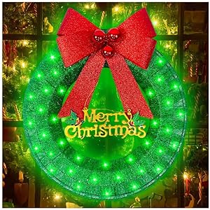 Photo 1 of 20" Christmas Wreath with Sequins, Lighted Outdoor Christmas Decorations for Garden, Window, Yard - Green
