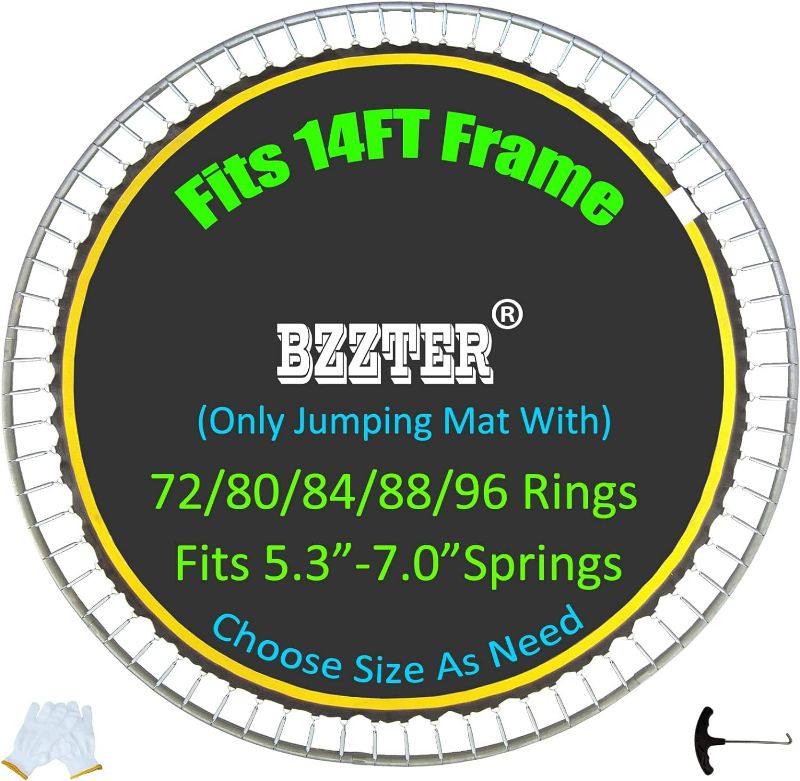 Photo 1 of Trampoline Replacement Mat,Fits 14ft Round Frame,with 72 80 84 88 96 Rings for Choose,Fits 5.3-7 Inch Springs,10 Rows of Stitching,w/Pull Hook and Gloves,14ft Trampoline Mat
