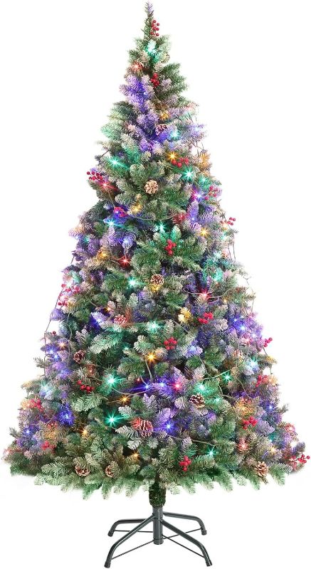 Photo 1 of 6ft Christmas Tree 150 LED Lights TIMOXMAS Artificial Xmas Trees 750 PVC Branch Tips with Pinecones Berries Metal Hinges & Foldable Base for Holiday Home,18m Prelit String Colorful Lights&8 Modes
