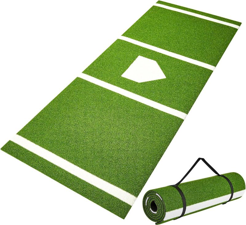 Photo 1 of VEVOR Baseball Softball Hitting Batting Mat, 10' x 3.8' Indoor/Outdoor Softball Mat, Lined & Foam Backing Anti-Slip Anti-Fade Softball Training Aid, Portable Practice Mat with Tightening Rope, Green
