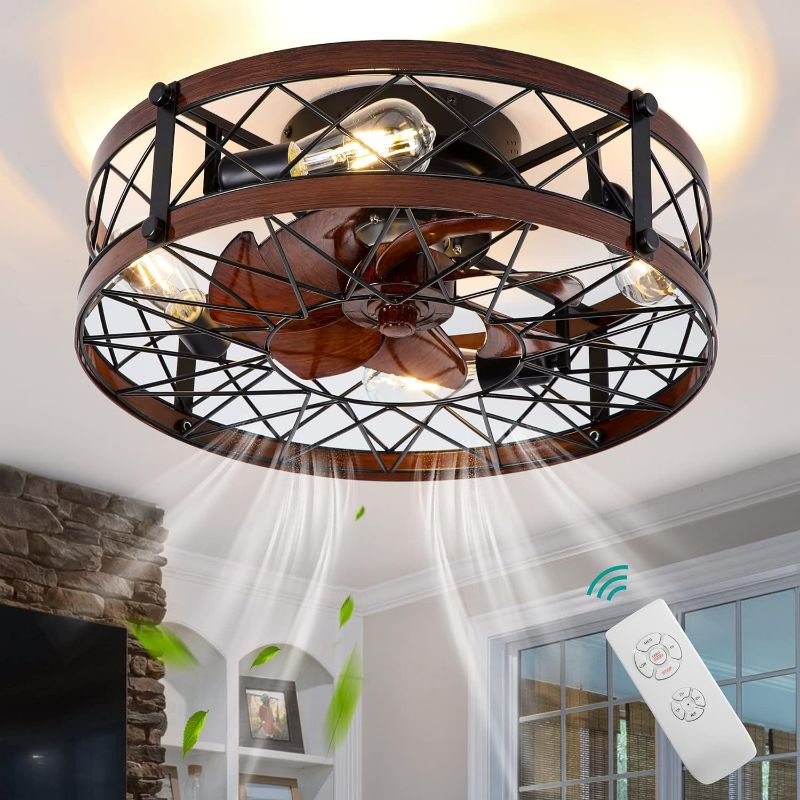 Photo 1 of 20" Retro Ceiling Fans with Lights and Remote, Bladeless Caged Ceiling Fan with Remote, 3 Speed Boho Low Profile Ceiling Fandelier for Kids Bedroom Dining Room Living Room Black (Bulb IS Include)

