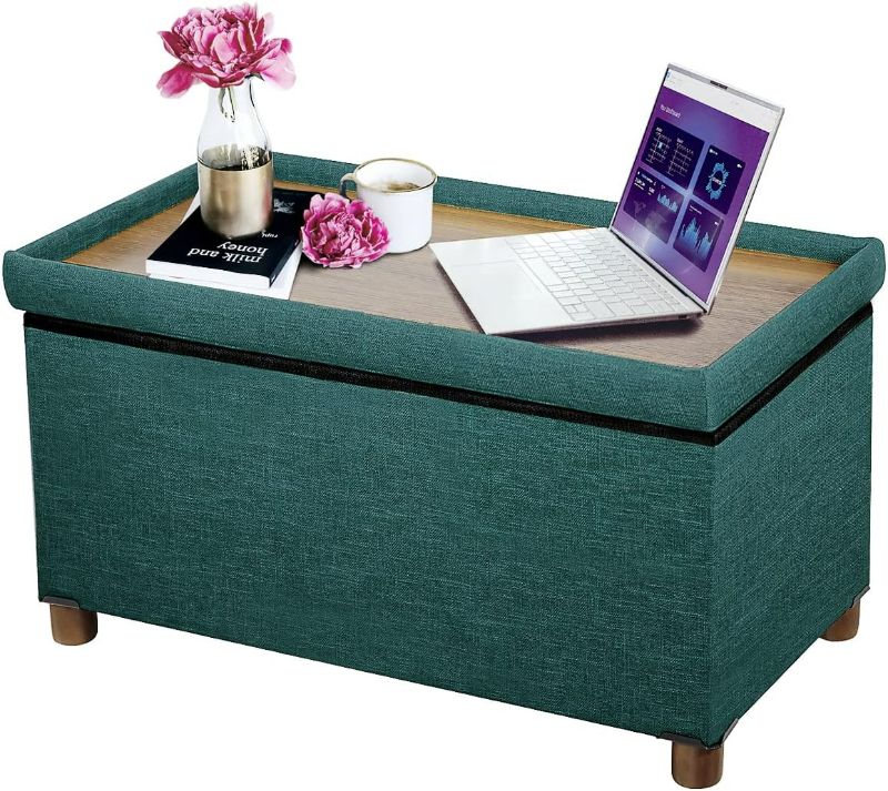 Photo 1 of 30 Inches Storage Ottoman Bench, Storage Bench with Wooden Legs for Living Room Ottoman Foot Rest Removeable Lid for Bedroom End of Bed, Linen Fabric Green Color
