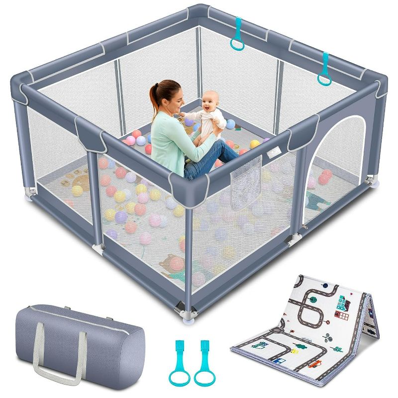 Photo 1 of Suposeu Baby Playpen with Mat, Portable Baby Play Yard for Toddler, Safety Baby Gate playpen with Soft Breathable Mesh, Indoor and Outdoor, Large Kids Activity Centery (50 Inch×50 Inch, Grey)
