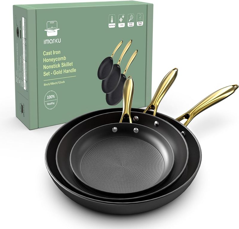 Photo 1 of imarku Non Stick Frying Pans, Nonstick Cast Iron Skillets 3 Pcs - 8 Inch, 10 Inch and 12 Inch Nonstick Frying Pan Set, Professional Frying Pans Set, Nonstick Pan with Stay Cool Handle, Best Gifts
