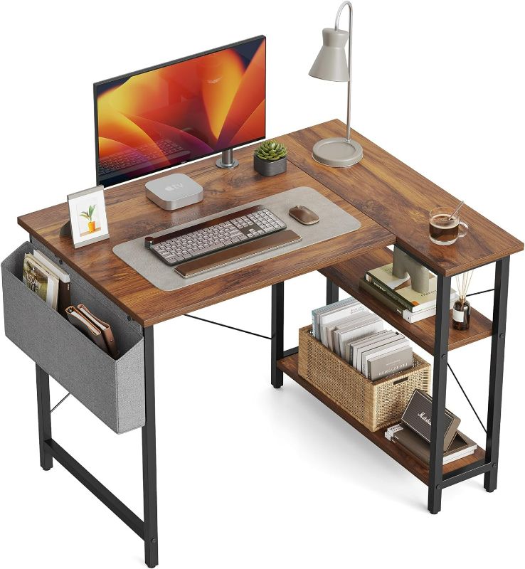 Photo 1 of CubiCubi L Shaped Desk, 40 Inch Computer Desk with Reversible Storage Shelves Home Office Corner Desk Study Writing Table, Deep Brown
