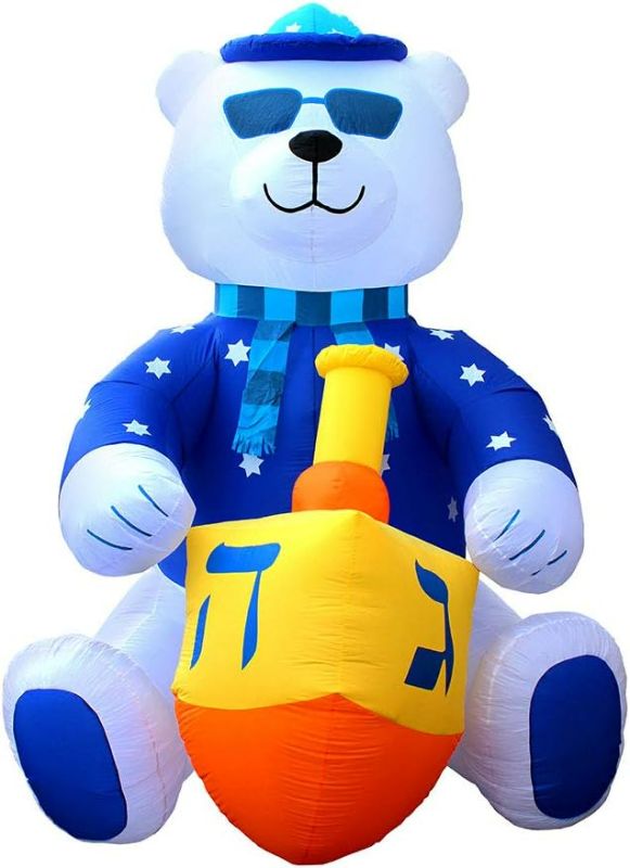 Photo 1 of Jumbo 11' ft Hanukkah Inflatable Yard Decoration Lighted Chanukah Themed Bear Blowup Indoor and Outdoor Holiday Decorations LED Glowing with Air Blower, Tie-Down Stakes Chanukah Décor by Zion Judaica