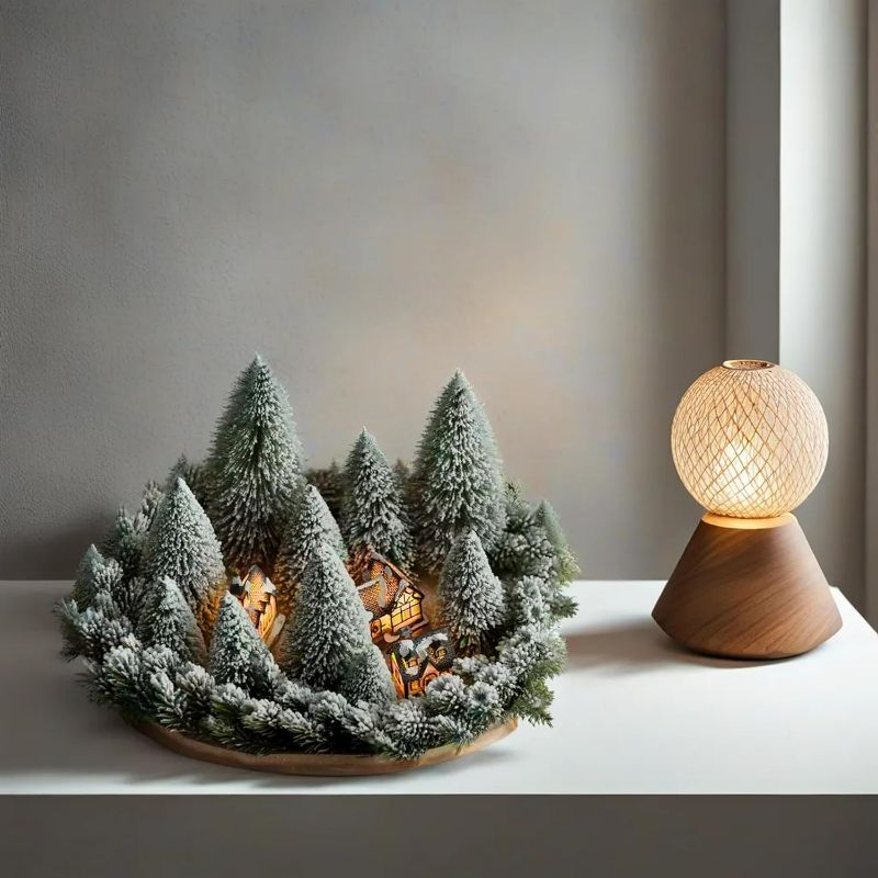 Photo 1 of Farmhouse Tabletop Decor - Lighted Christmas Village Houses Set in Forest with Mini Artificial Christmas Trees | Spring Easter Decorations for Table Centerpiece and Village Display | Villas Navideñas
