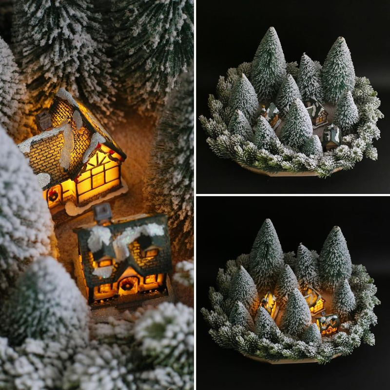 Photo 2 of Farmhouse Tabletop Decor - Lighted Christmas Village Houses Set in Forest with Mini Artificial Christmas Trees | Spring Easter Decorations for Table Centerpiece and Village Display | Villas Navideñas
