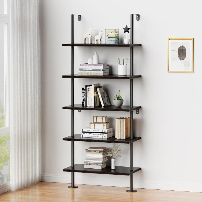 Photo 1 of Ladder Shelf Bookcase 5 Tier, Extra Sturdy Modern Bookshelf Wall Mounted, Tall Black Open Book Shelf, Standing Industrial Metal Frame with Wooden Shelves
