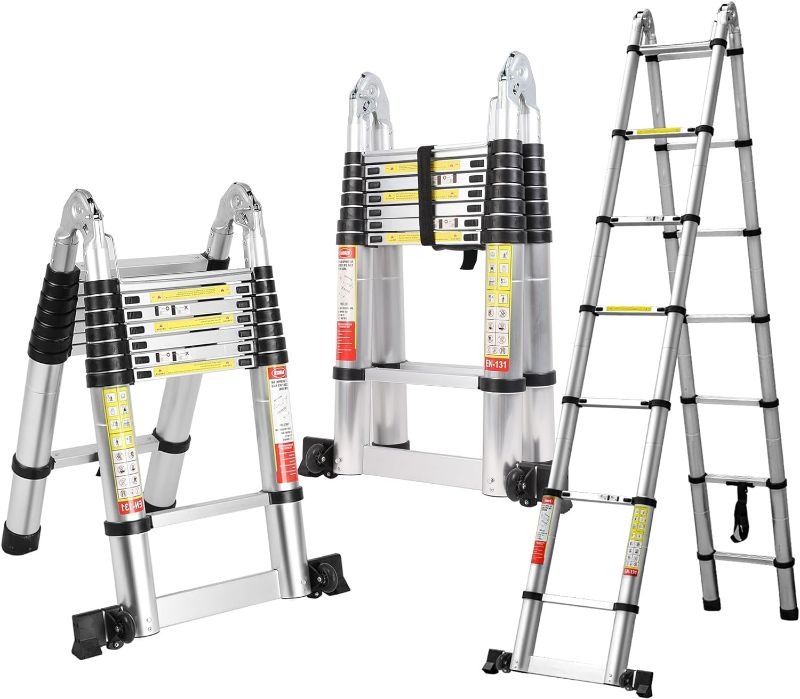 Photo 1 of 14.5FT A Frame Telescoping Ladder, Aluminum Telescopic Ladder w/Balance Bar & Movable Wheel, 330lbs Capacity Compact Ladder, RV Extension Ladder for Household, Outdoor
