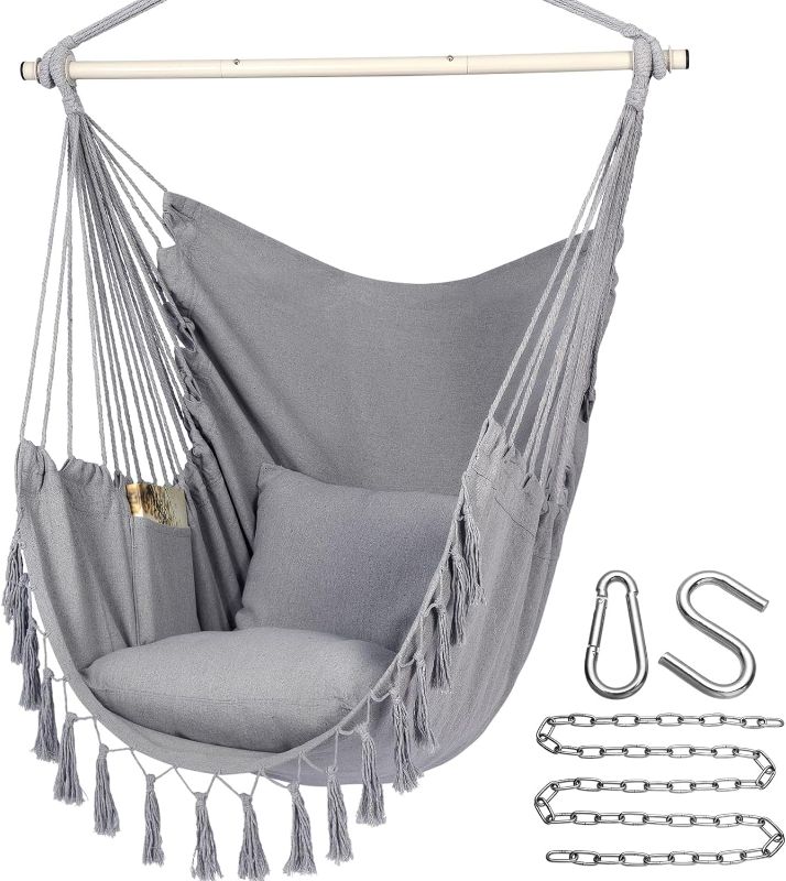Photo 1 of Y- STOP Hammock Chair Hanging Rope Swing, Max 500 Lbs, 2 Cushions Included, Large Macrame Hanging Chair with Pocket for Superior Comfort, with Hardware Kit (Light Grey)
