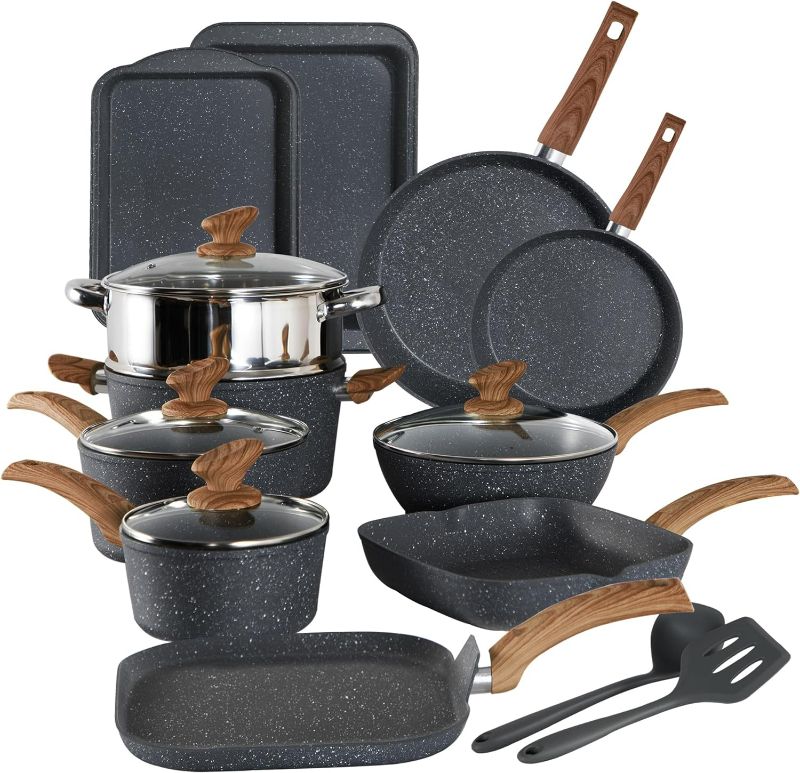 Photo 1 of Kitchen Academy Induction Cookware Set-17 Piece Non-stick Cooking Pan Set, Black Granite Pots and Pans Set
