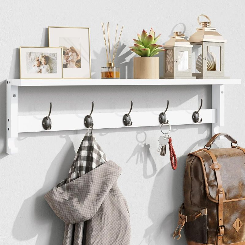 Photo 1 of AMBIRD Coat Rack Wall Mount with Shelf, 28.9 Inches Coat Hooks Wall Mounted with 5 Hooks, Hat Wall Hooks for Hanging in Entryway, Living Room, Bathroom, Bedroom (White, 28.9 * 4.5 inches)
