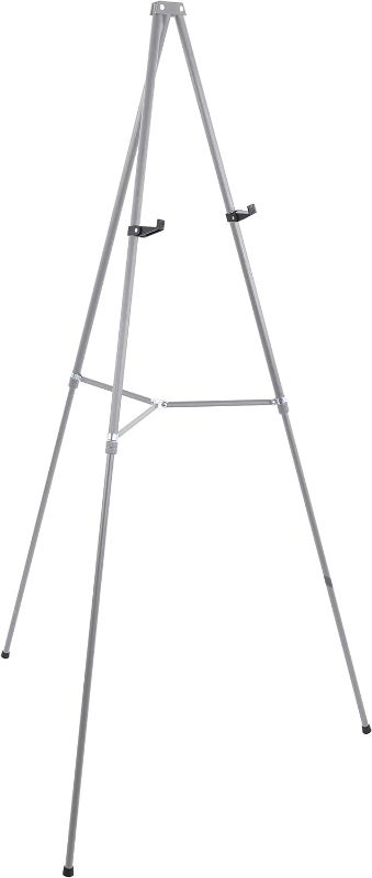 Photo 1 of U.S. Art Supply 66" High Gallery Silver Aluminum Display Easel and Presentation Stand - Large Adjustable Height Portable Tripod, Holds 25 lbs - Floor and Tabletop, Display Paintings, Signs, Posters
