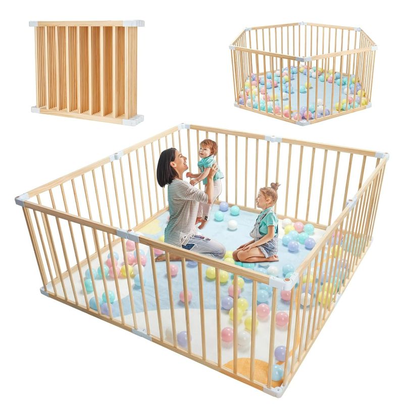 Photo 1 of Foldable Baby Playpen for Toddlers, Expandable Wooden Play Fence, Large Wood Playpen Safety Playard for Indoor & Outdoor, Safe Play Area Kids Activity Center (26“ Tall, 8-Panel)
