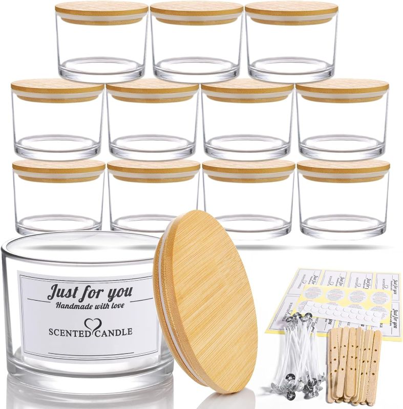 Photo 1 of 18oz Candle Containers 12 Pack - 3 Wick Empty Clear Glass Candle Making Jars with Bamboo Lids and Sticky Labels, Bulk Clear Candle Containers for Making - Dishwasher Safe (Clear)

