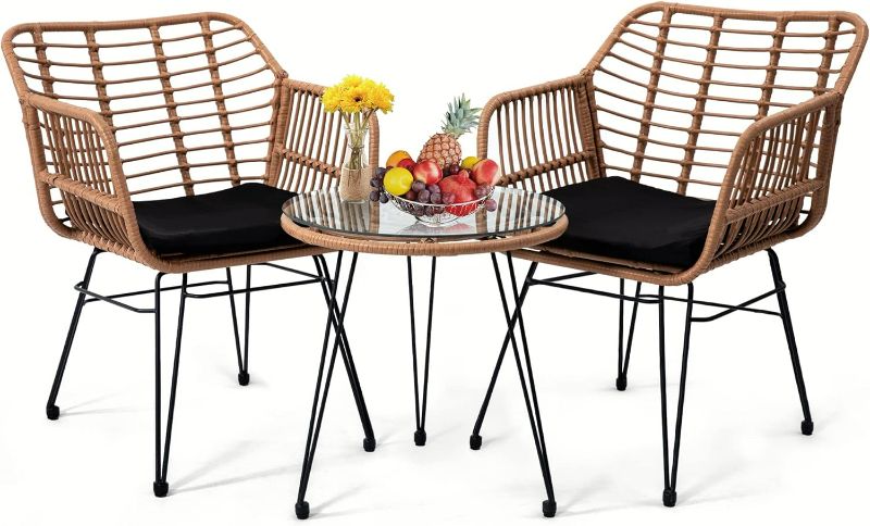 Photo 1 of 3 Pieces Wicker Patio Bistro Furniture Set, Includes 2 Chairs and Glass Top Table, Ideal for Porch, Outdoor, Backyard, Apartment, Balcony Natural Color

